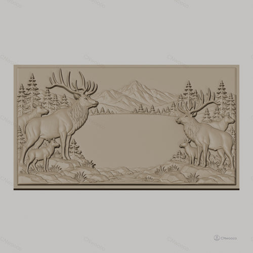 Fichier CNC & impression 3D cerfs et faons en forêt avec montagne en arrière-plan, haute qualité relief STL