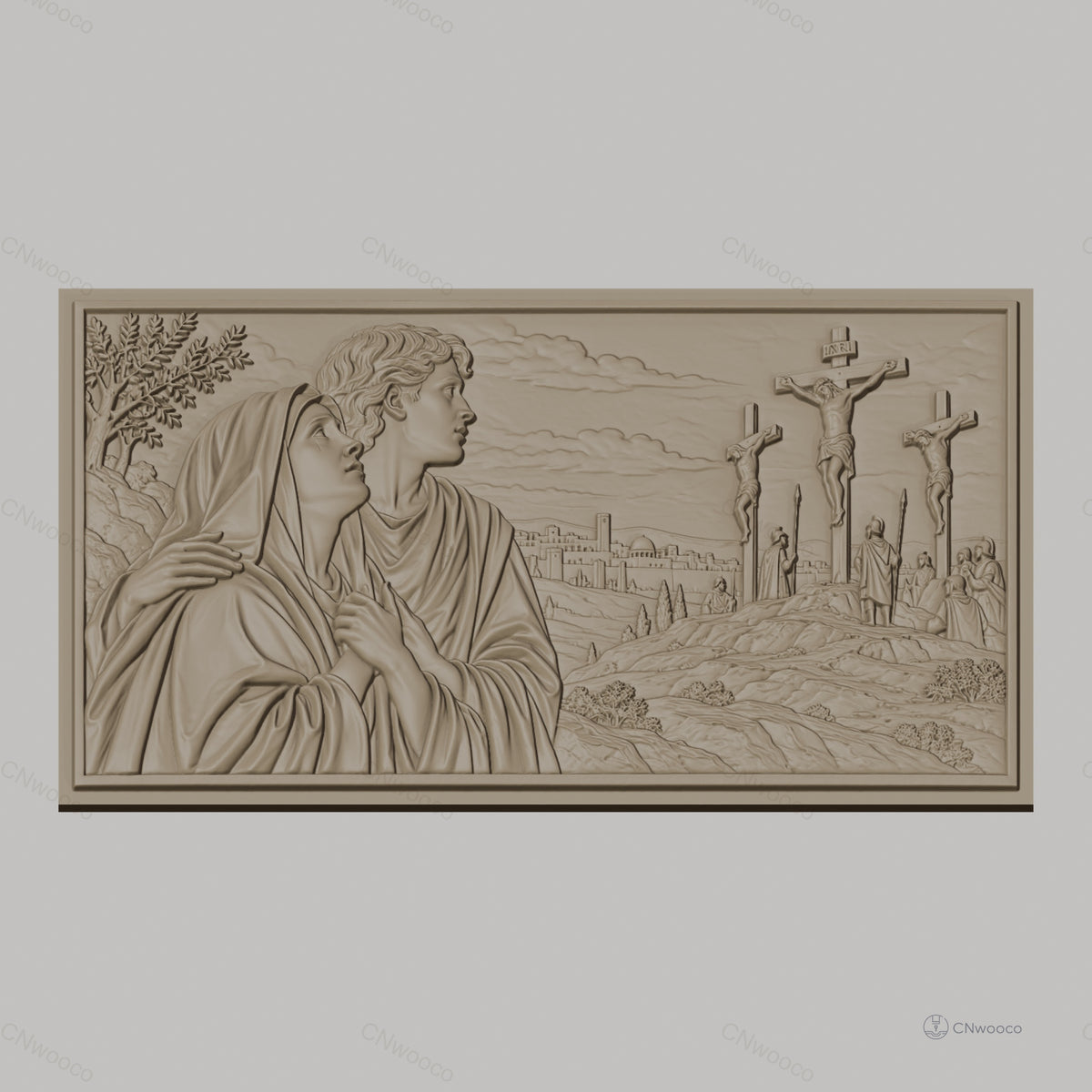 Fichier CNC & impression 3D scène de crucifixion, Marie et Jean en prière, haute qualité relief STL