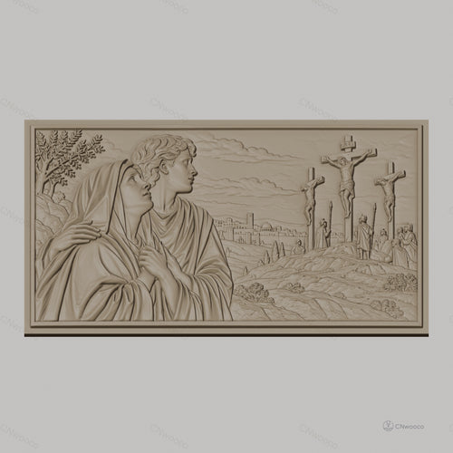 Fichier CNC & impression 3D scène de crucifixion, Marie et Jean en prière, haute qualité relief STL