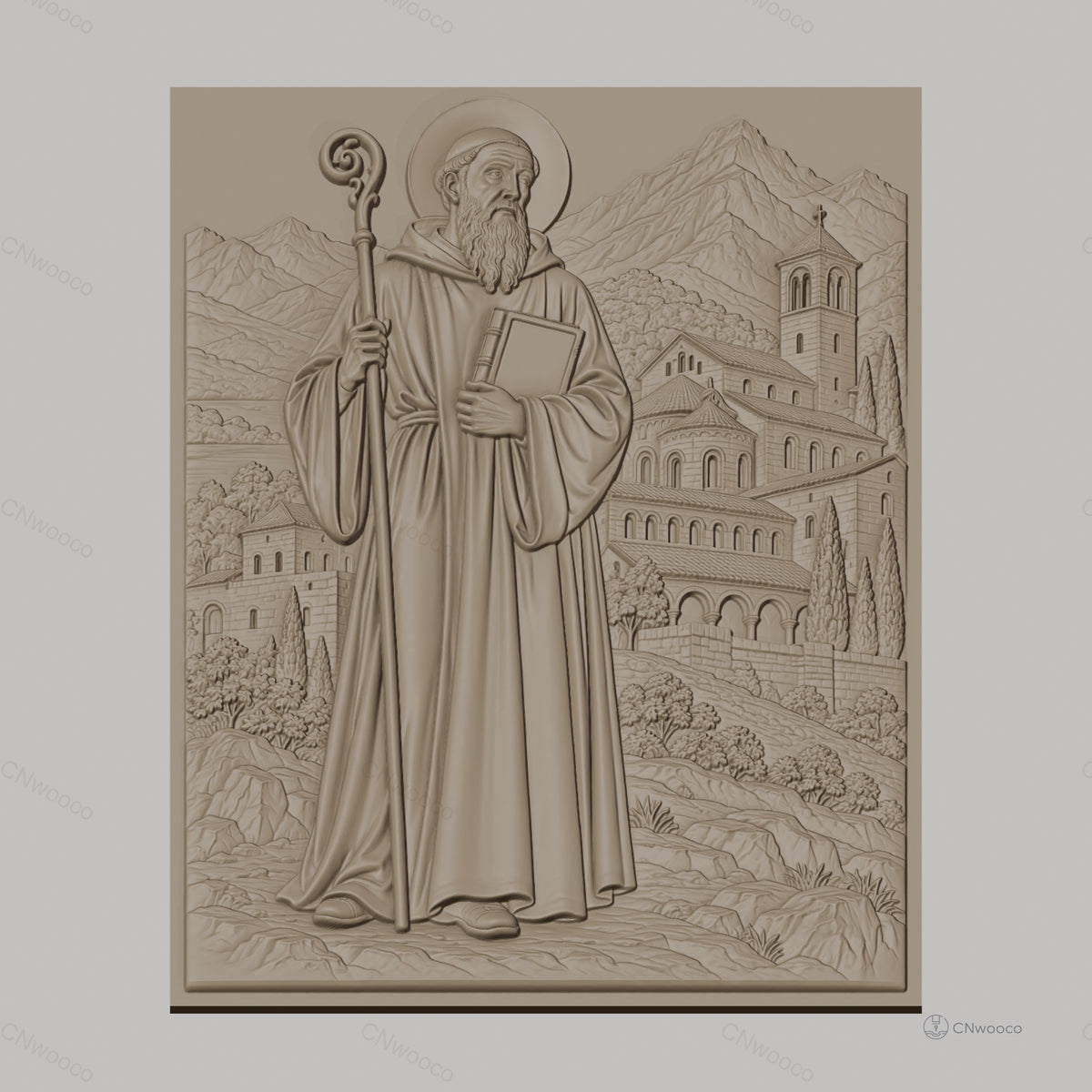 Fichier CNC & impression 3D Saint religieux avec bâton et paysage de montagne, haute qualité relief STL