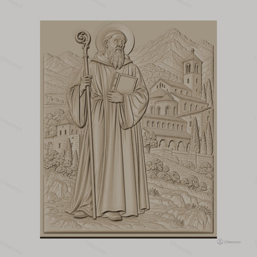 Fichier CNC & impression 3D Saint religieux avec bâton et paysage de montagne, haute qualité relief STL