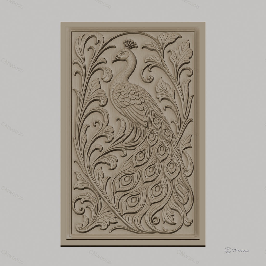 Fichier CNC & impression 3D Paon, relief ornemental avec plumes détaillées et feuillages, haute qualité relief STL