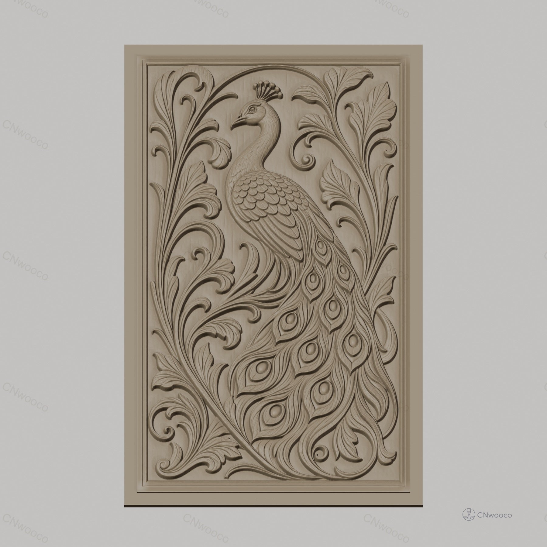 Fichier CNC & impression 3D Paon, relief ornemental avec plumes détaillées et feuillages, haute qualité relief STL