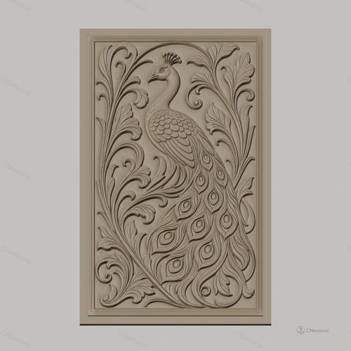 Fichier CNC & impression 3D Paon, relief ornemental avec plumes détaillées et feuillages, haute qualité relief STL