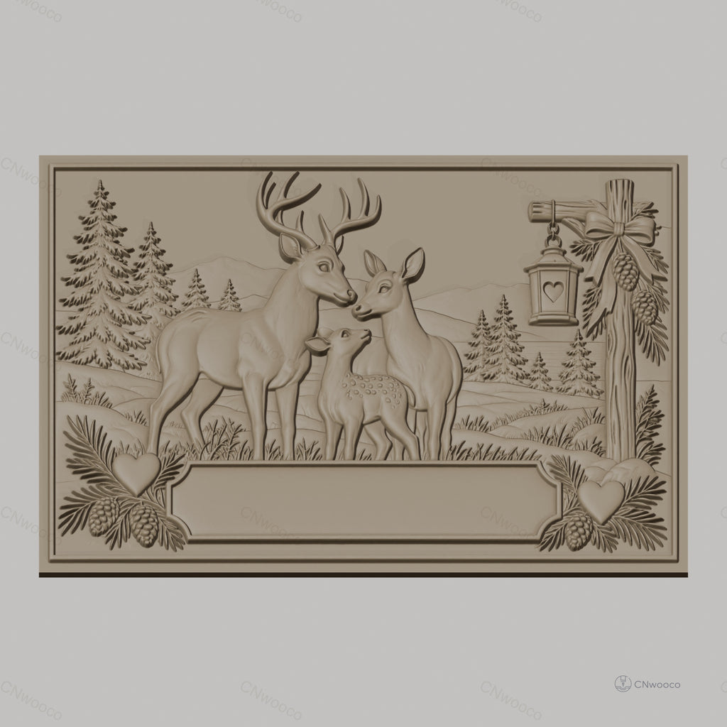 Fichier CNC & impression 3D famille de cerfs, forêt, coeur et lanterne, haute qualité relief STL