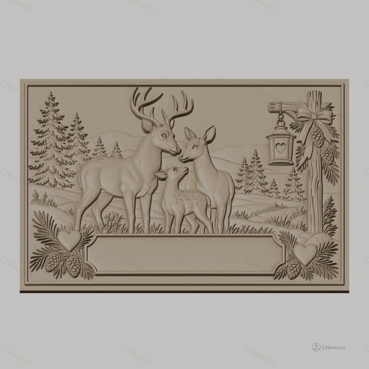 Fichier CNC & impression 3D famille de cerfs, forêt, coeur et lanterne, haute qualité relief STL
