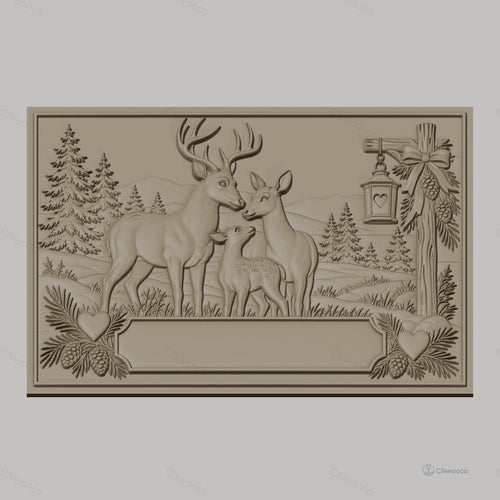 Fichier CNC & impression 3D famille de cerfs, forêt, coeur et lanterne, haute qualité relief STL