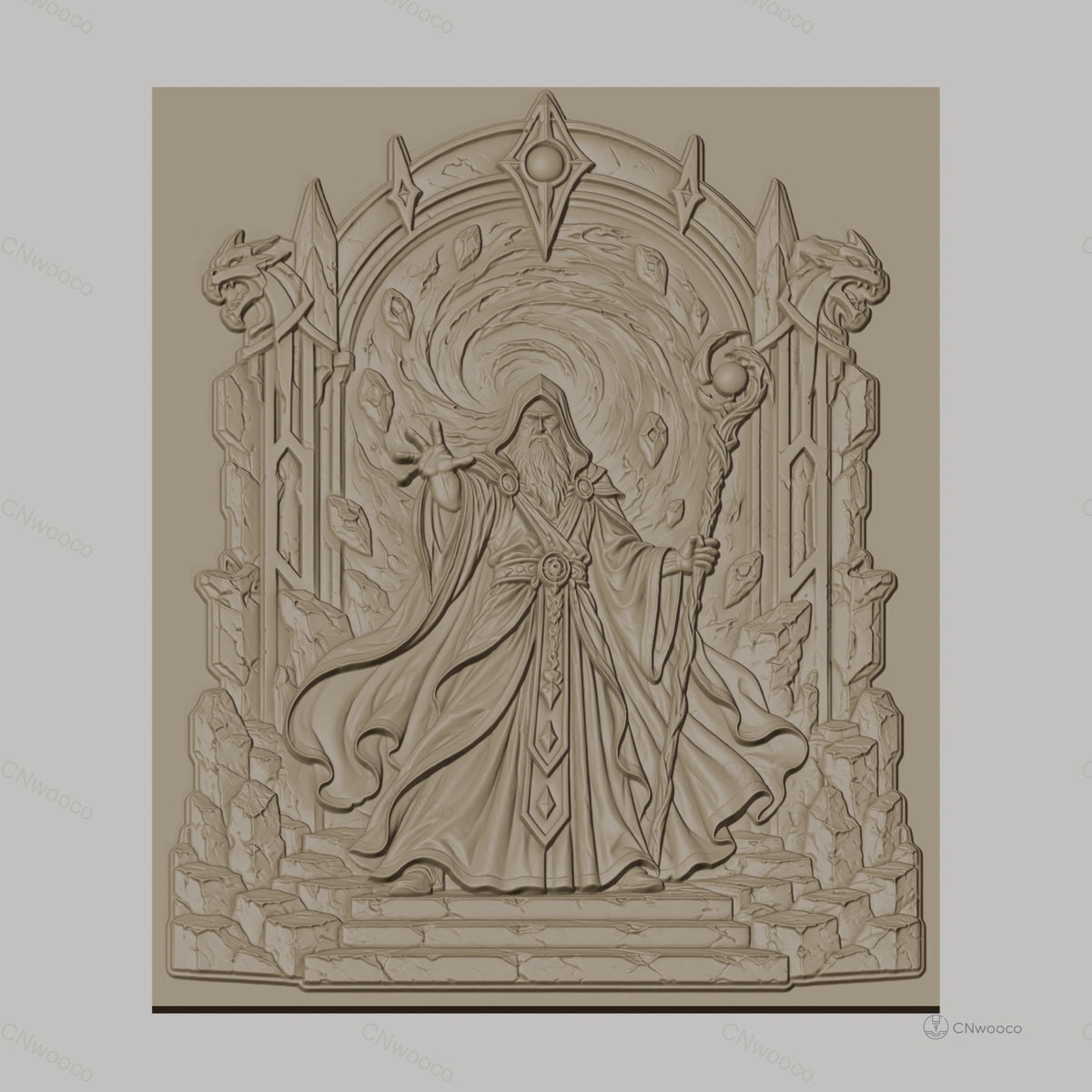 Fichier CNC & impression 3D magicien avec portail magique et bâton, haute qualité relief STL