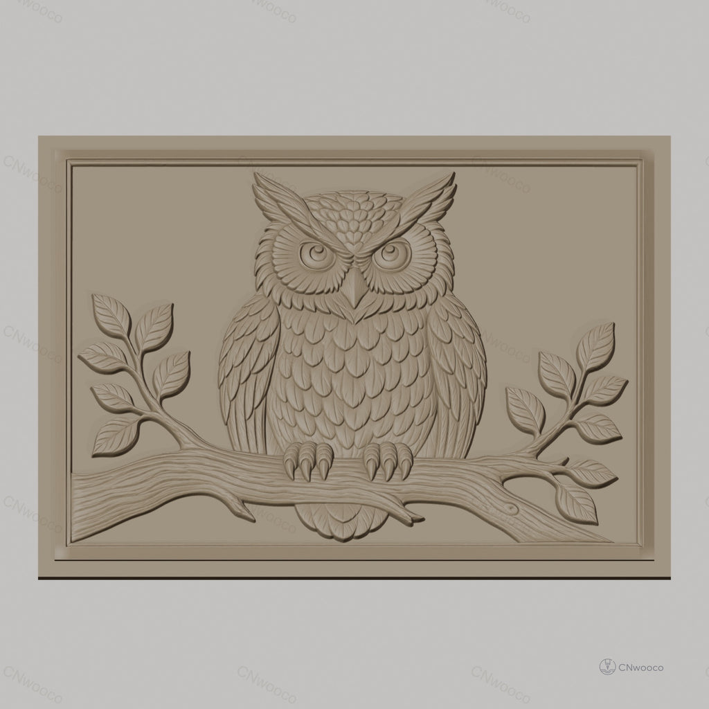 Fichier CNC & impression 3D hibou sur branche avec feuilles, haute qualité relief STL