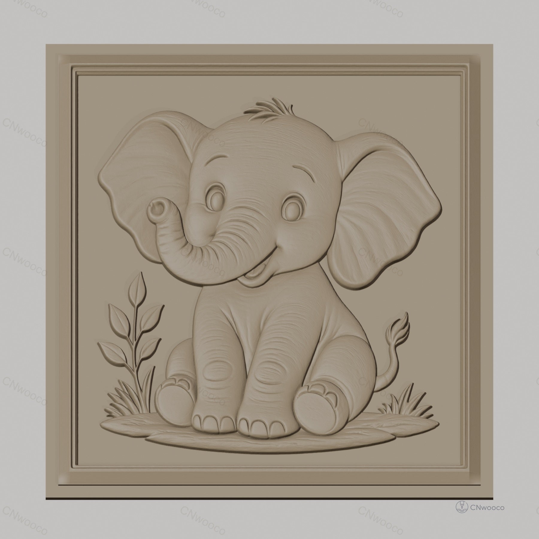 Fichier CNC & impression 3D bébé éléphant mignon, relief décoratif nature plantes, haute qualité relief STL