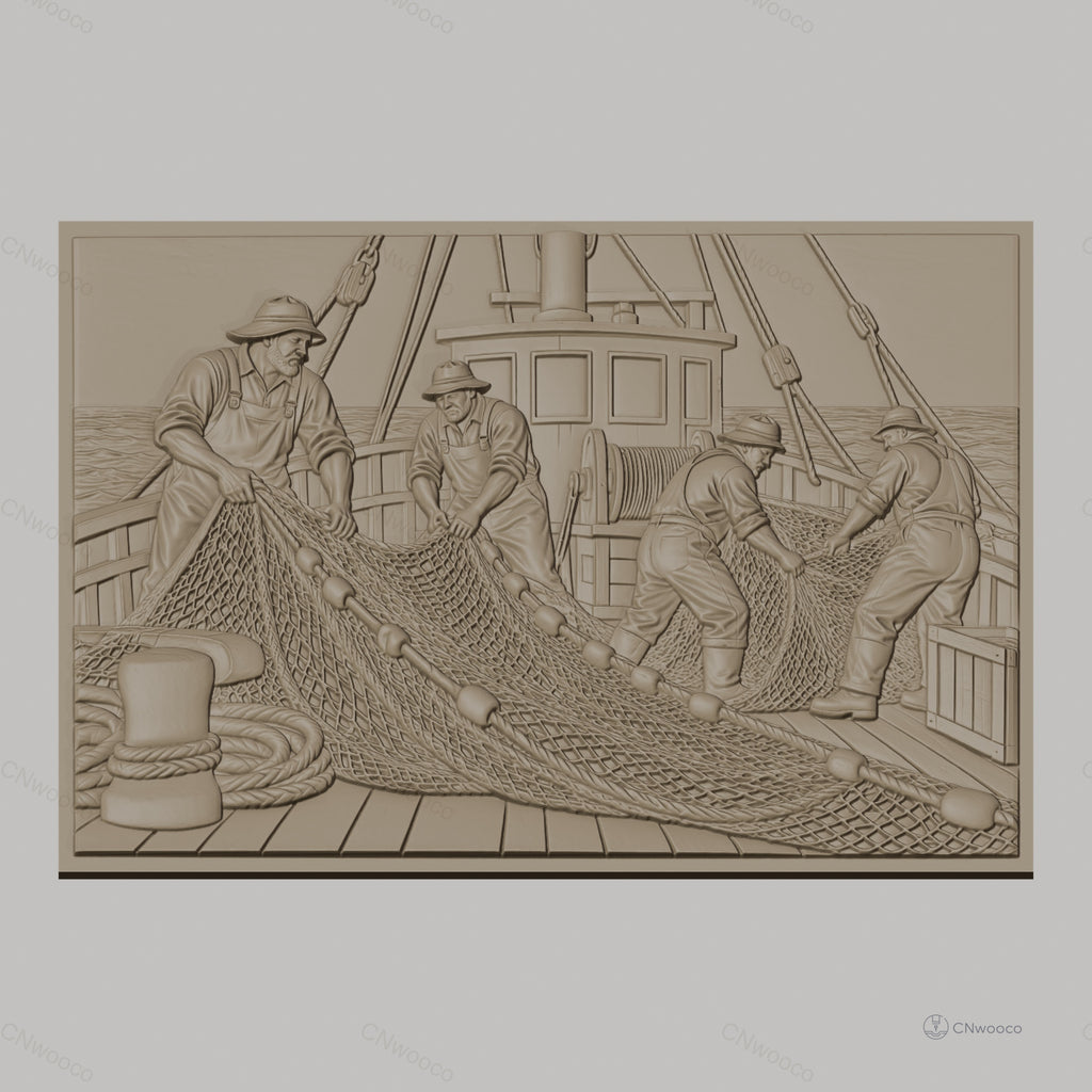 Fichier CNC & impression 3D pêcheurs et filet de pêche sur bateau, scène maritime travail haute qualité relief STL