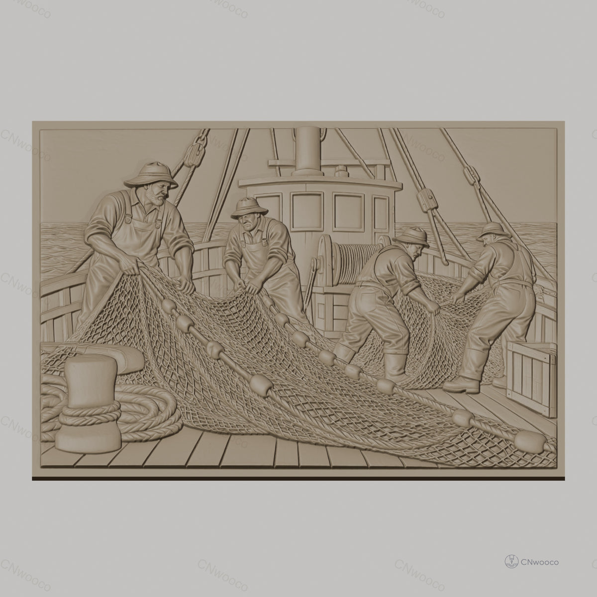 Fichier CNC & impression 3D pêcheurs et filet de pêche sur bateau, scène maritime travail haute qualité relief STL