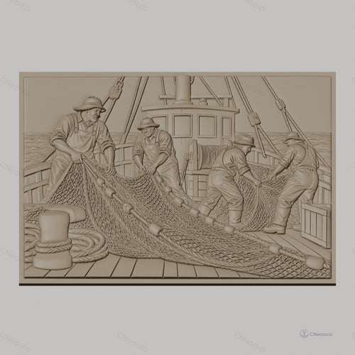 Fichier CNC & impression 3D pêcheurs et filet de pêche sur bateau, scène maritime travail haute qualité relief STL