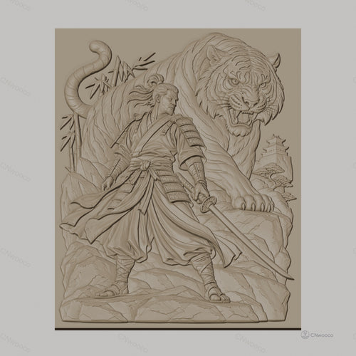Fichier CNC & impression 3D samouraï et tigre, épée, bambou, pagode, haute qualité relief STL