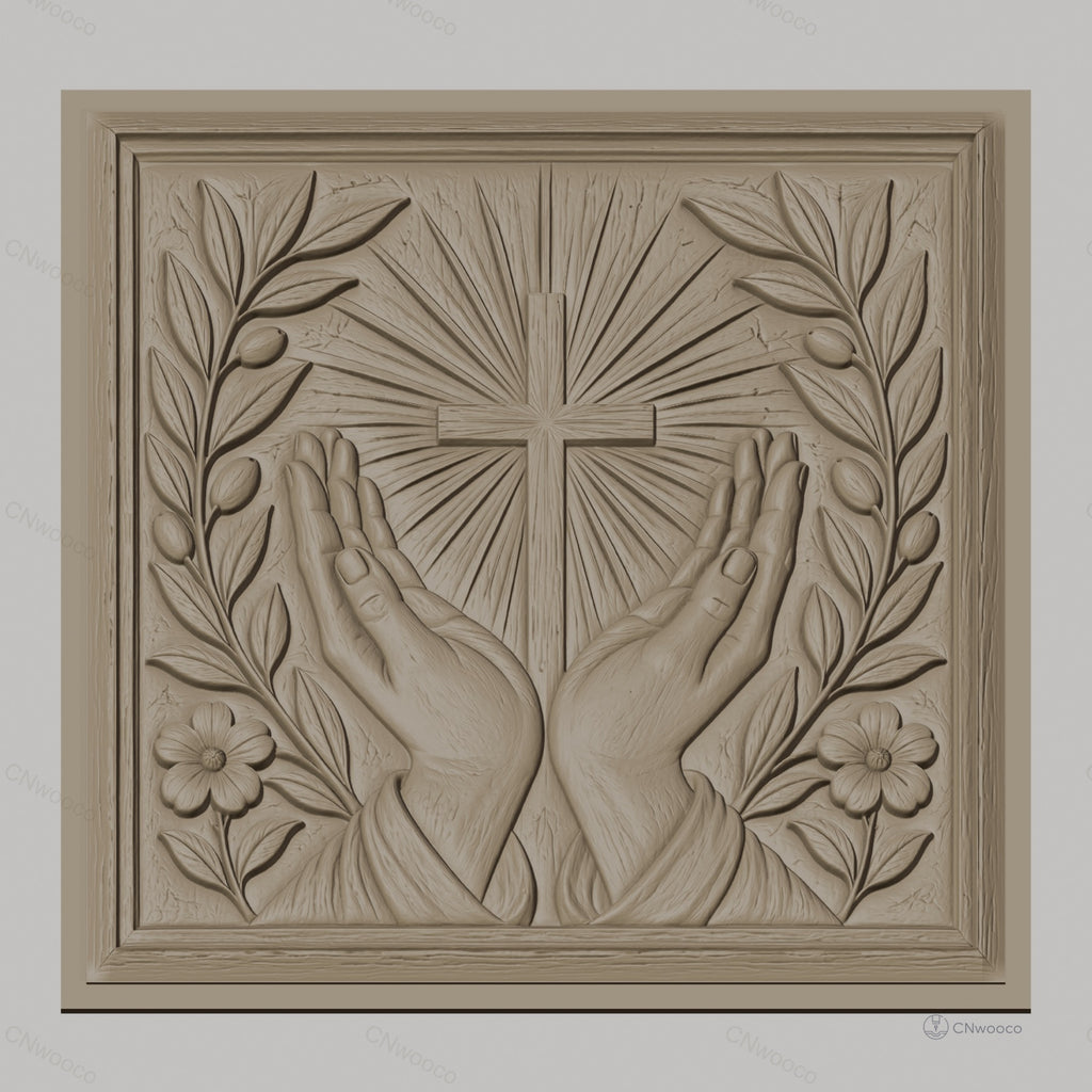 Fichier CNC & impression 3D chrétien, mains en prière, croix et feuillage floral, haute qualité relief STL