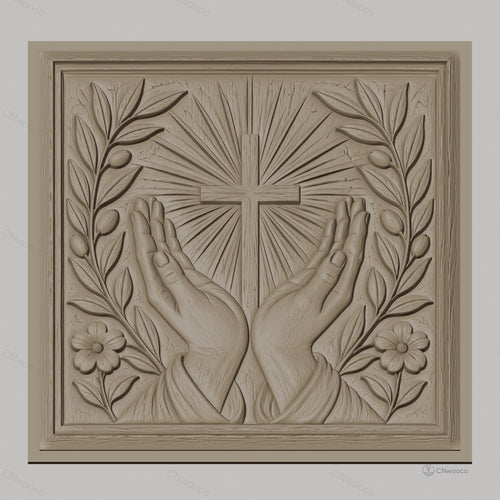 Fichier CNC & impression 3D chrétien, mains en prière, croix et feuillage floral, haute qualité relief STL