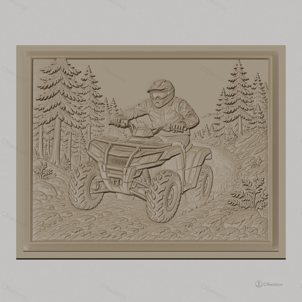 Fichier CNC & impression 3D quad ATV tout-terrain, pilote avec casque dans forêt détaillée, haute qualité relief STL