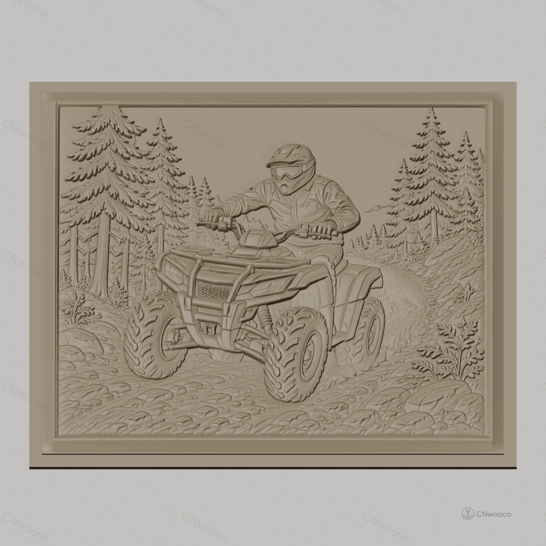 Fichier CNC & impression 3D quad ATV tout-terrain, pilote avec casque dans forêt détaillée, haute qualité relief STL