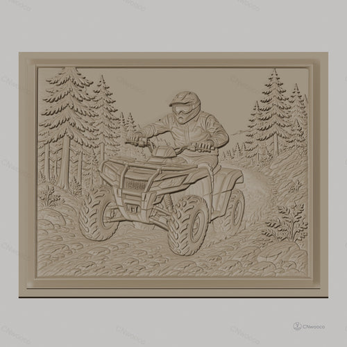 Fichier CNC & impression 3D quad ATV tout-terrain, pilote avec casque dans forêt détaillée, haute qualité relief STL