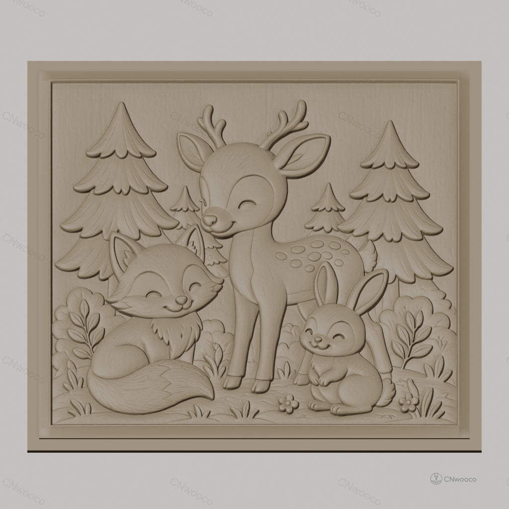 Fichier CNC & impression 3D animaux de la forêt, renard, cerf, lapin, arbres, haute qualité relief STL