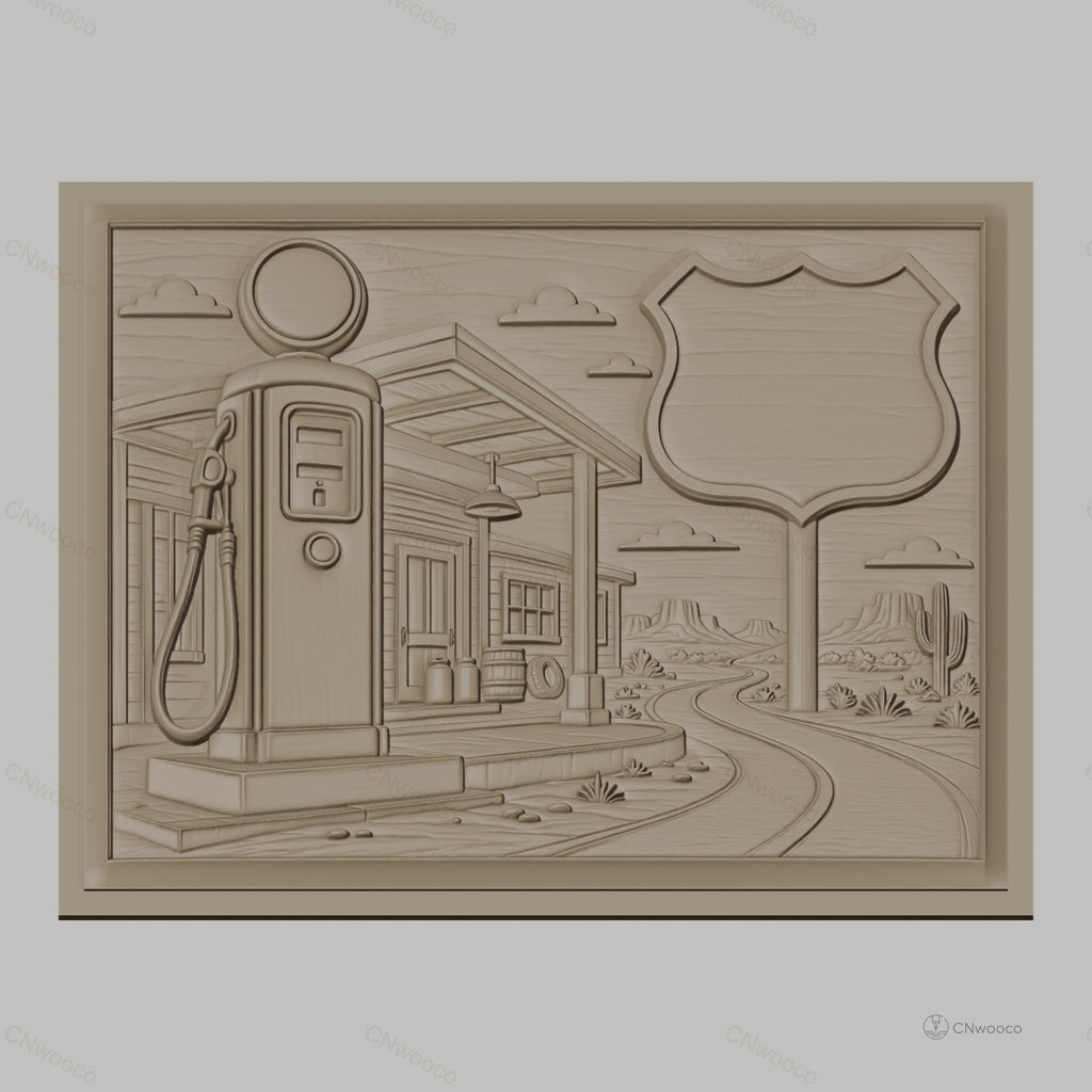 Fichier CNC & impression 3D station essence vintage, route désert cactus, haute qualité relief STL