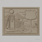 Fichier CNC & impression 3D station essence vintage, route désert cactus, haute qualité relief STL