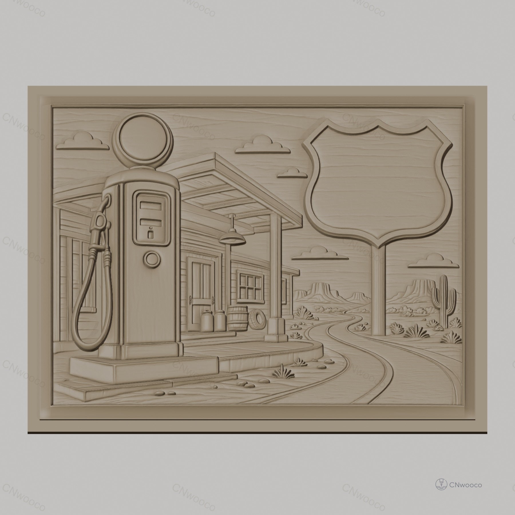Fichier CNC & impression 3D station essence vintage, route désert cactus, haute qualité relief STL