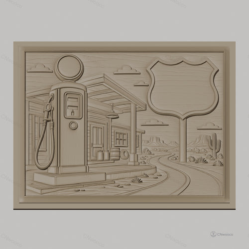 Fichier CNC & impression 3D station essence vintage, route désert cactus, haute qualité relief STL
