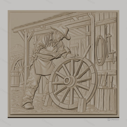 Fichier CNC & impression 3D artisan charpentier, roue de chariot et outils bois, haute qualité relief STL