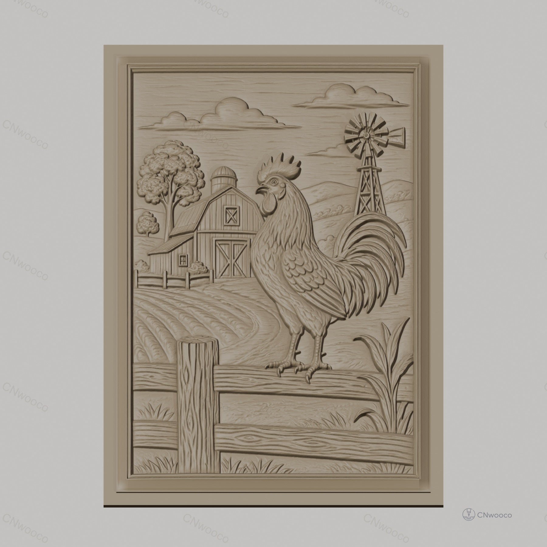 Fichier CNC & impression 3D coq à la ferme, moulin à vent et bâtiment agricole, haute qualité relief STL