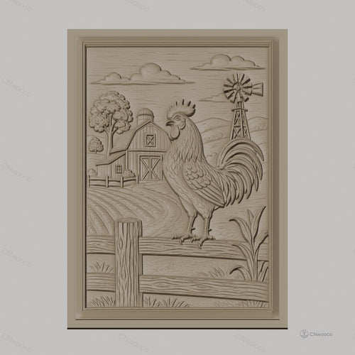Fichier CNC & impression 3D coq à la ferme, moulin à vent et bâtiment agricole, haute qualité relief STL