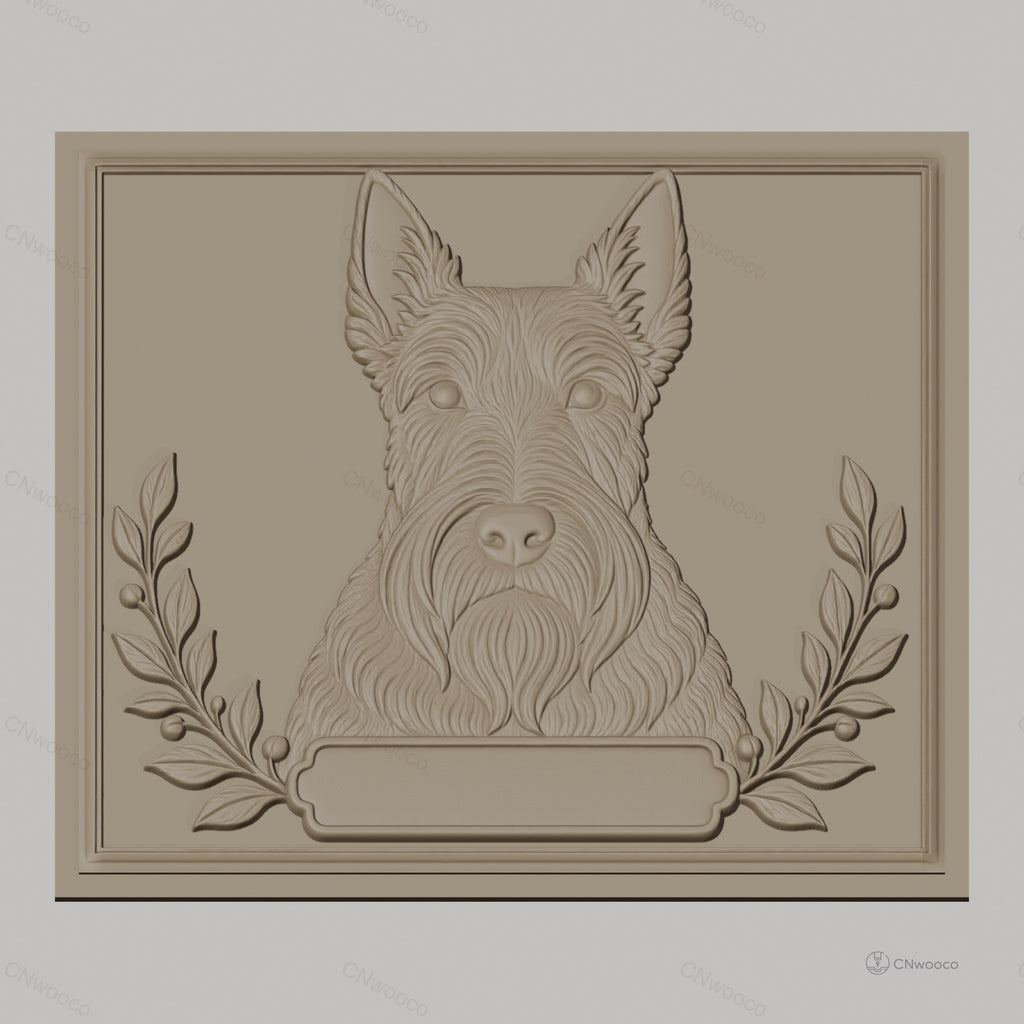 Fichier CNC & impression 3D chien Scottish Terrier portrait avec branches décoratives, haute qualité relief STL