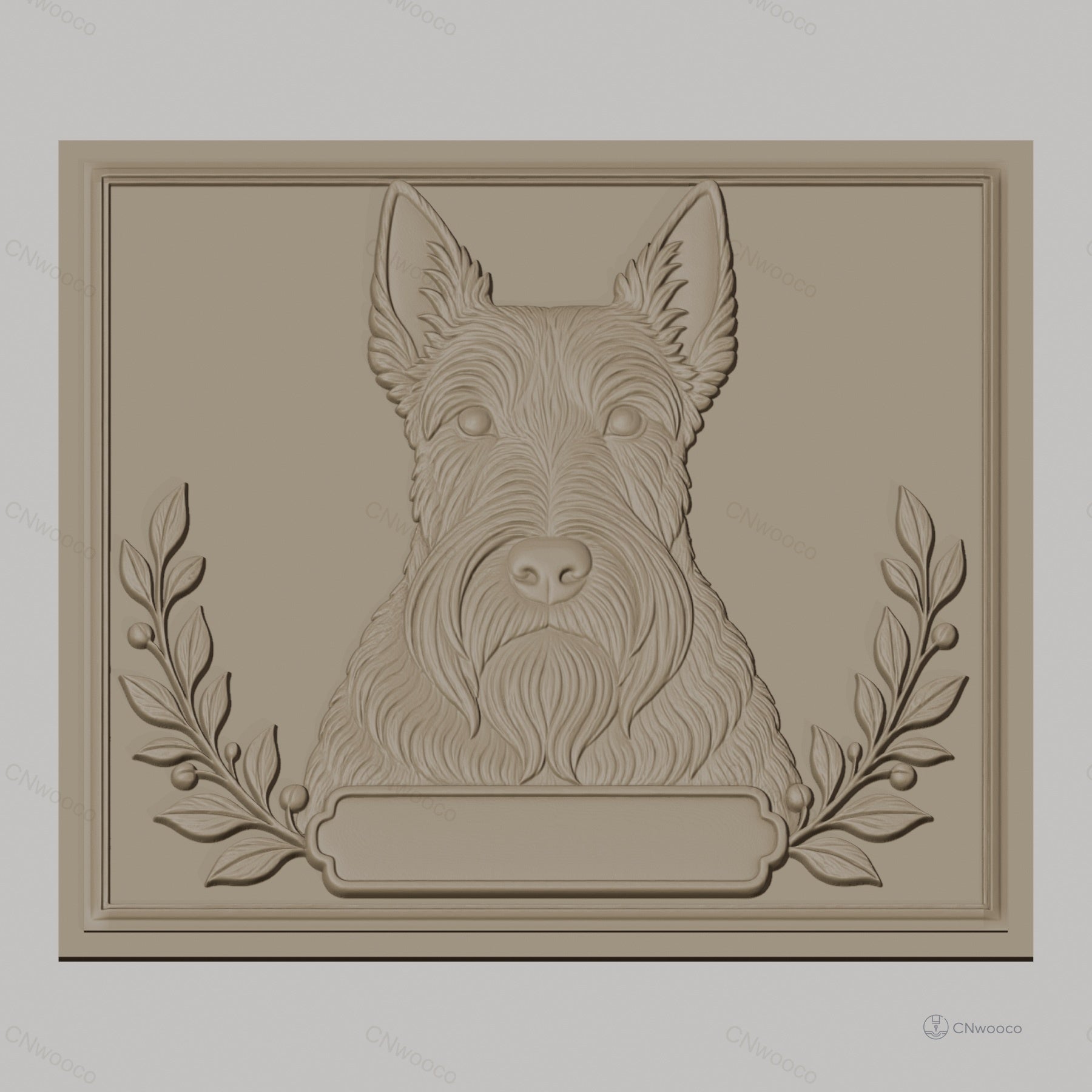 Fichier CNC & impression 3D chien Scottish Terrier portrait avec branches décoratives, haute qualité relief STL