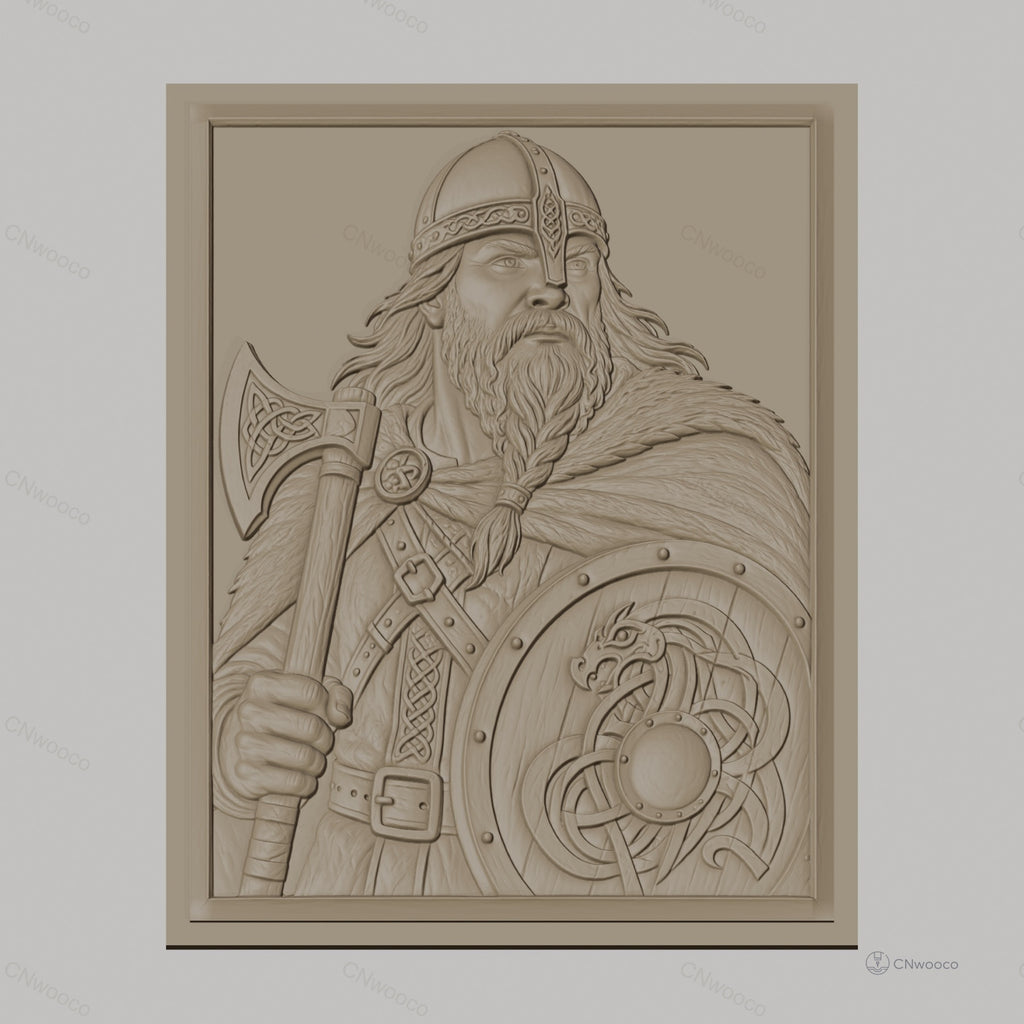 Fichier CNC & impression 3D guerrier viking, hache et bouclier avec motif dragon, haute qualité relief STL
