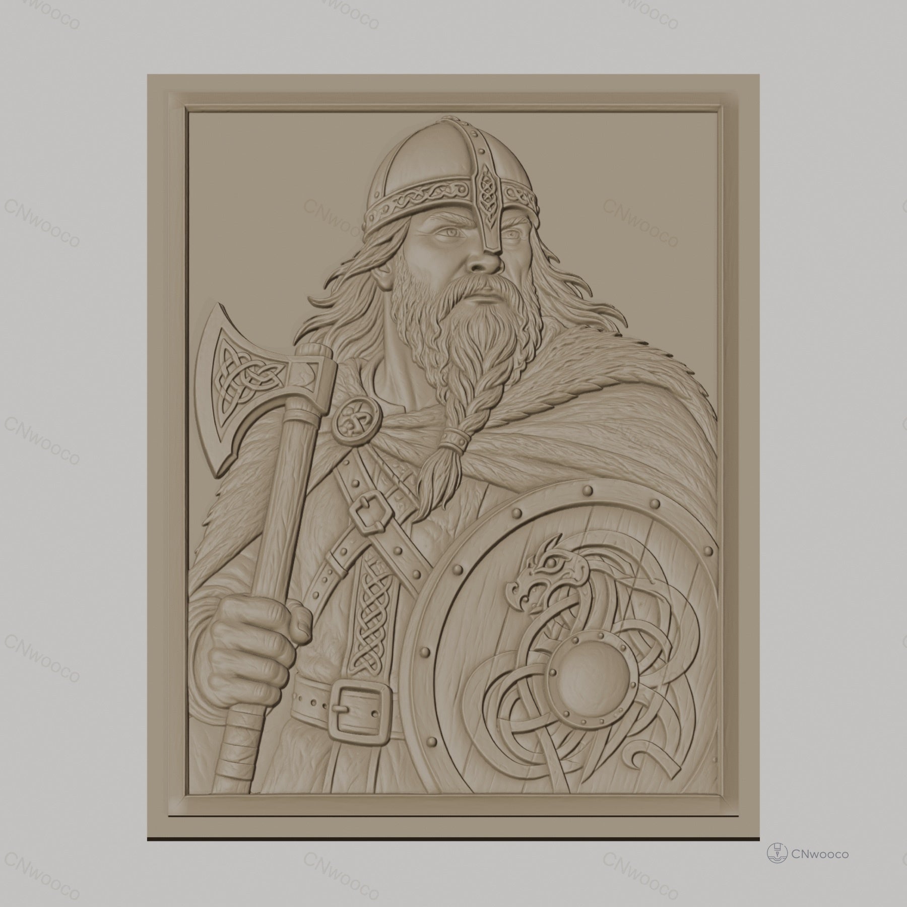 Fichier CNC & impression 3D guerrier viking, hache et bouclier avec motif dragon, haute qualité relief STL