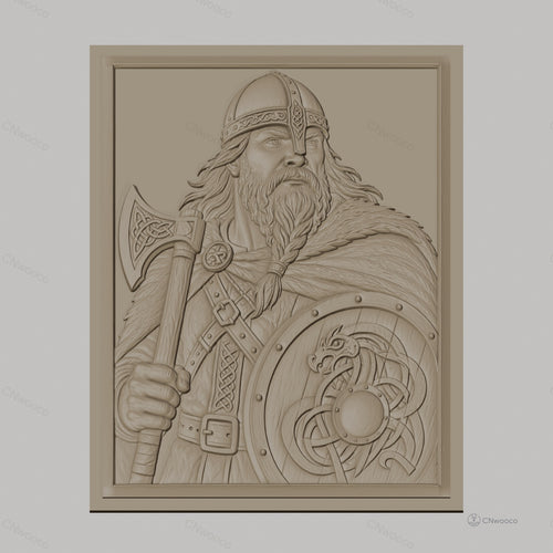 Fichier CNC & impression 3D guerrier viking, hache et bouclier avec motif dragon, haute qualité relief STL