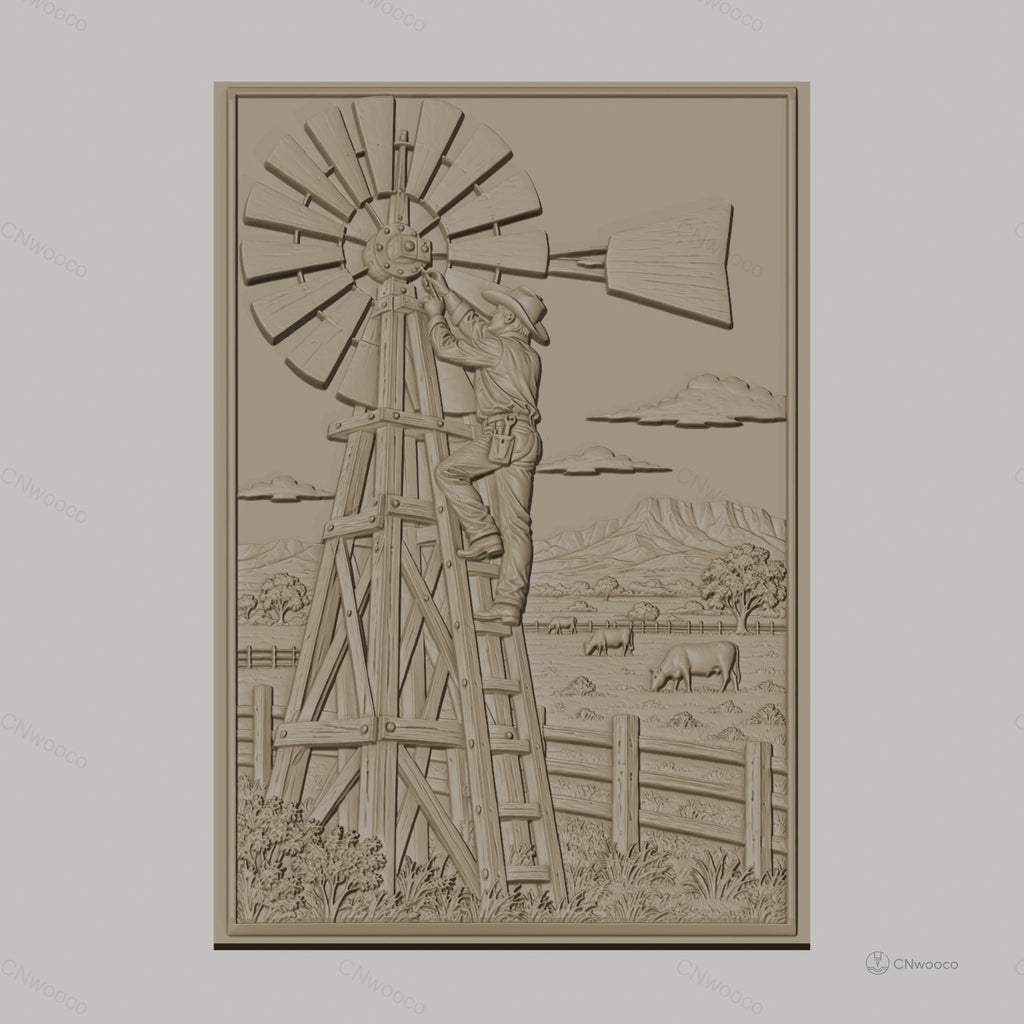Fichier CNC & impression 3D ferme américaine, homme réparant une éolienne, paysage avec vaches, haute qualité relief STL