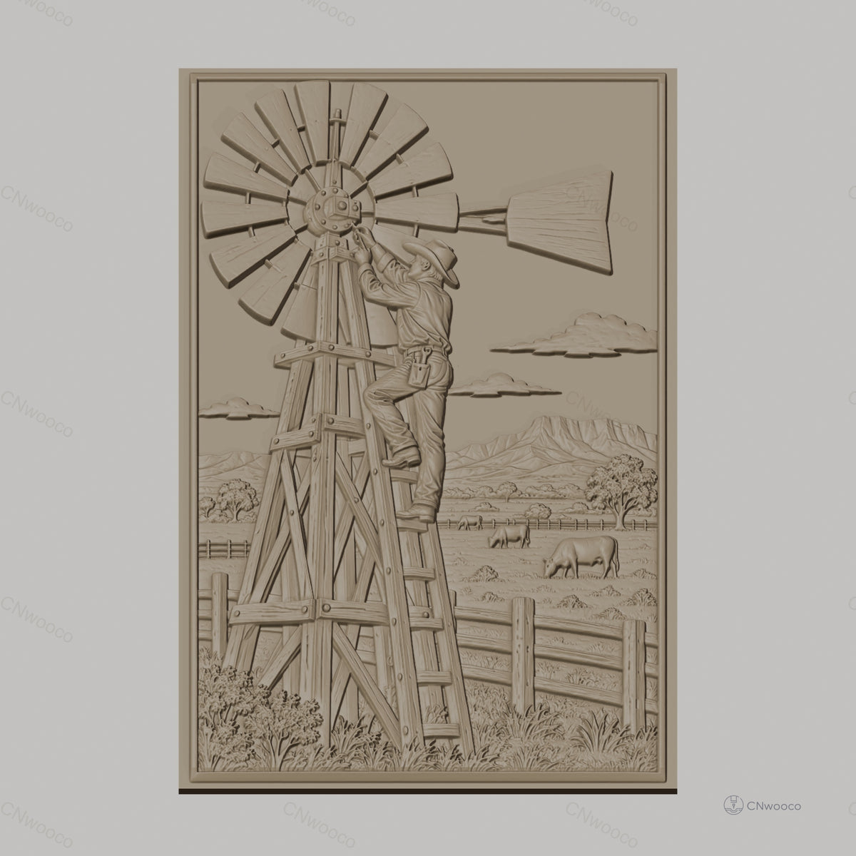 Fichier CNC & impression 3D ferme américaine, homme réparant une éolienne, paysage avec vaches, haute qualité relief STL