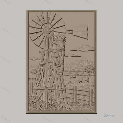 Fichier CNC & impression 3D ferme américaine, homme réparant une éolienne, paysage avec vaches, haute qualité relief STL