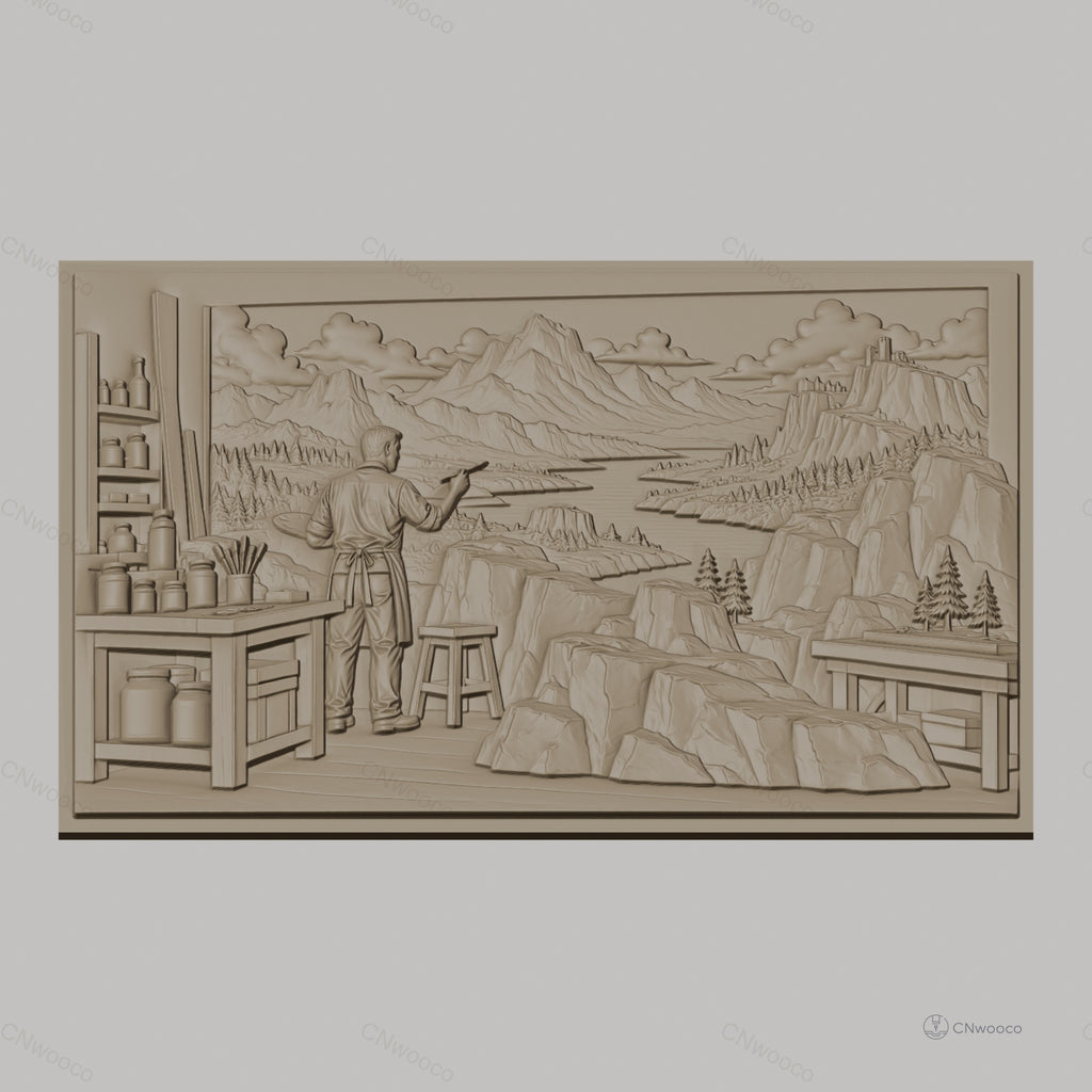 Fichier CNC & impression 3D peintre paysage montagne rivière atelier, haute qualité relief STL