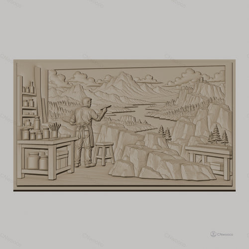 Fichier CNC & impression 3D peintre paysage montagne rivière atelier, haute qualité relief STL