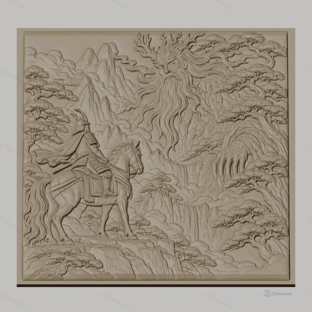 Fichier CNC & impression 3D samouraï à cheval et esprit de la nature, montagnes et cascades relief, haute qualité relief STL