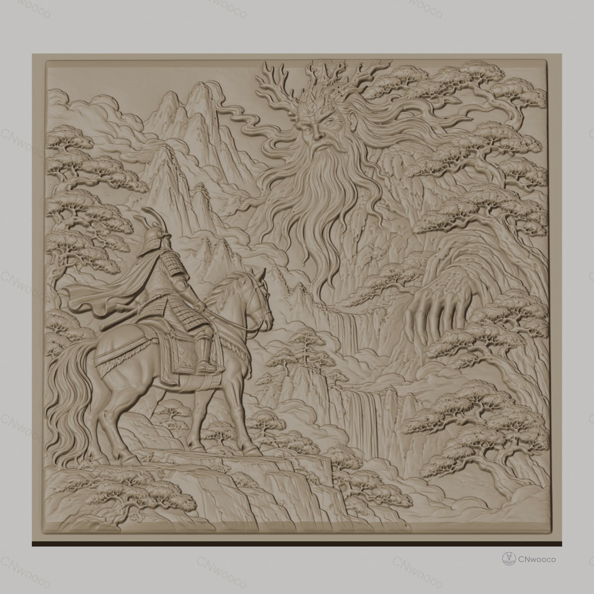 Fichier CNC & impression 3D samouraï à cheval et esprit de la nature, montagnes et cascades relief, haute qualité relief STL