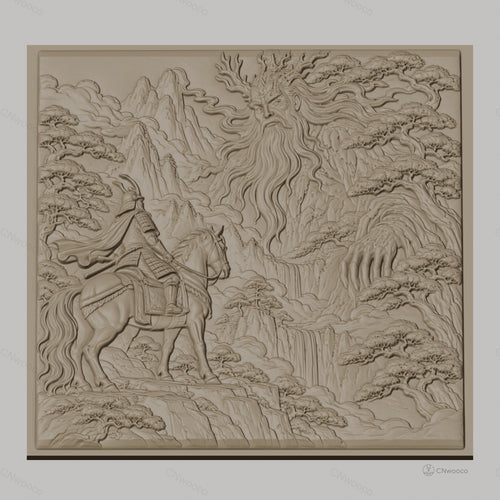 Fichier CNC & impression 3D samouraï à cheval et esprit de la nature, montagnes et cascades relief, haute qualité relief STL