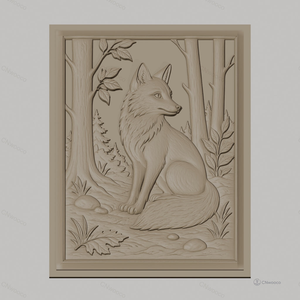 Fichier CNC & impression 3D renard assis, forêt, arbres et feuilles, haute qualité relief STL