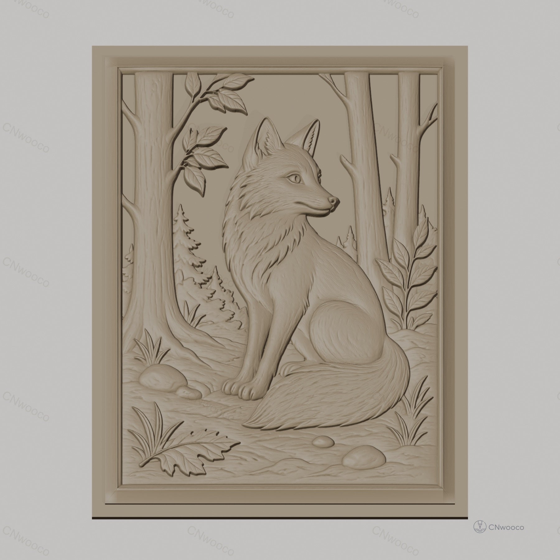 Fichier CNC & impression 3D renard assis, forêt, arbres et feuilles, haute qualité relief STL