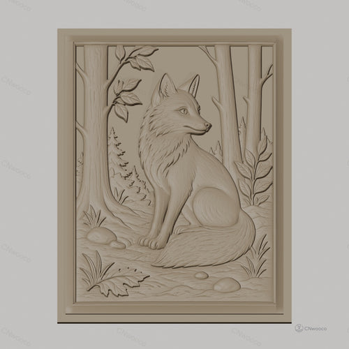 Fichier CNC & impression 3D renard assis, forêt, arbres et feuilles, haute qualité relief STL