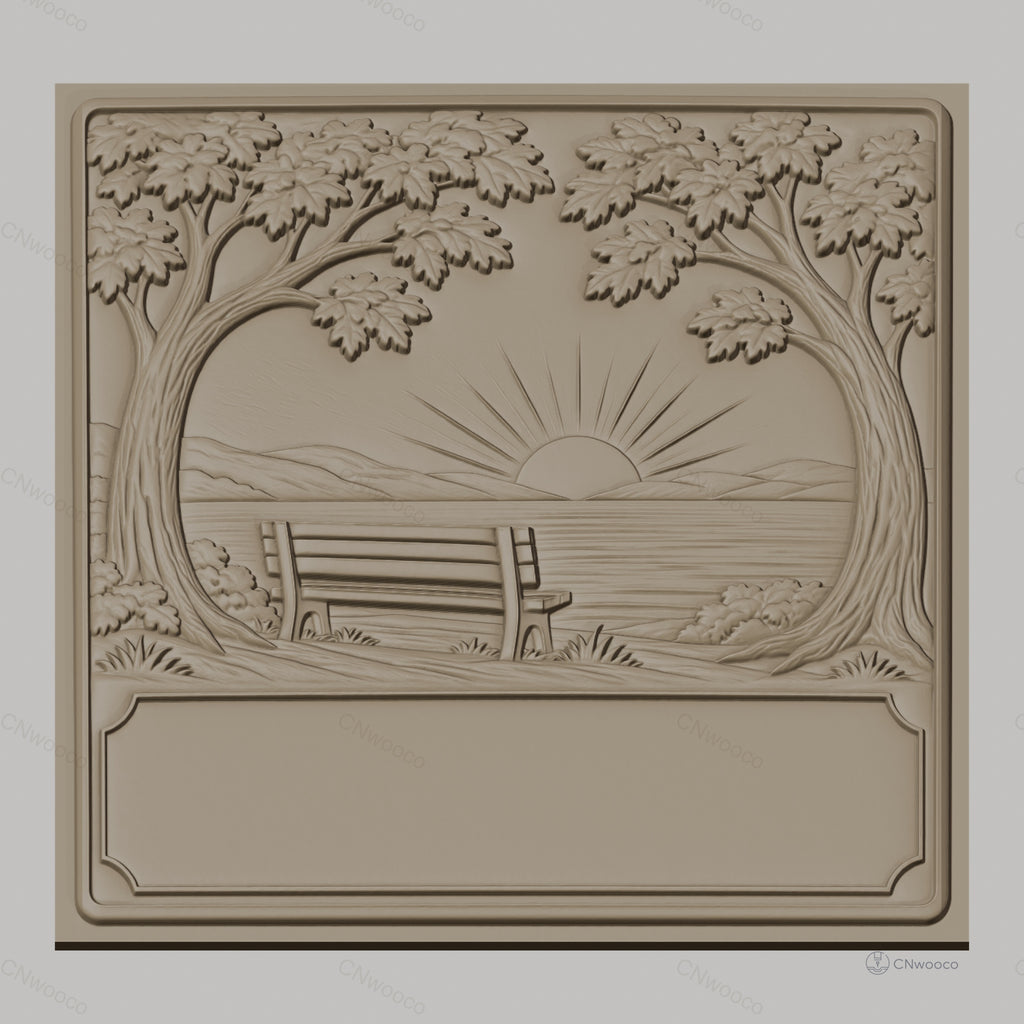 Fichier CNC & impression 3D paysage banc coucher de soleil arbres cadre vide haute qualité relief STL