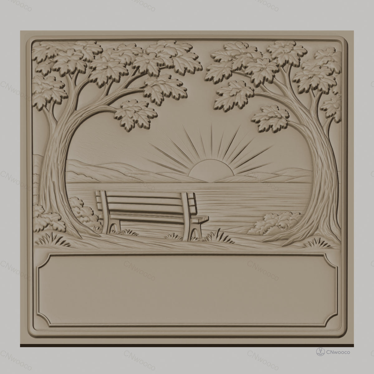 Fichier CNC & impression 3D paysage banc coucher de soleil arbres cadre vide haute qualité relief STL