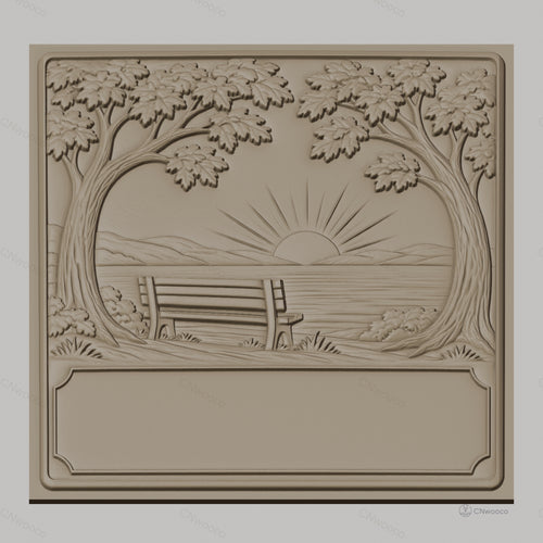 Fichier CNC & impression 3D paysage banc coucher de soleil arbres cadre vide haute qualité relief STL